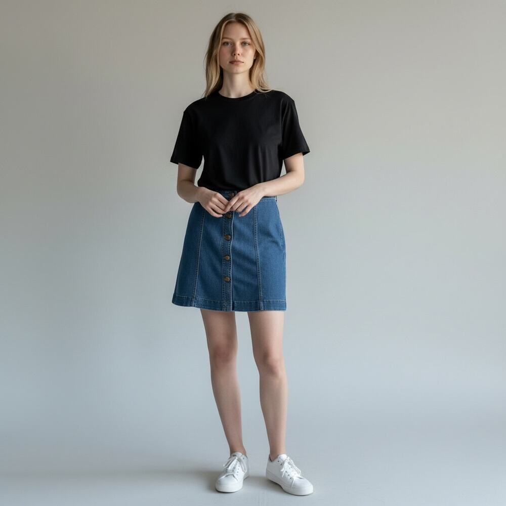 Chaps Denim Button Front Mini Skirt Modern Women Size 4 Blue Jean A-Line Classic